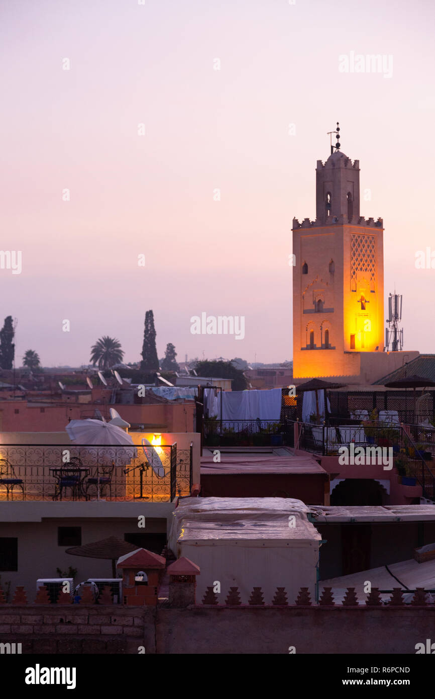Marrakech Morocco - sunrise over the Marrakesh skyline and mosque, Marrakech, Morocco Africa Stock Photo