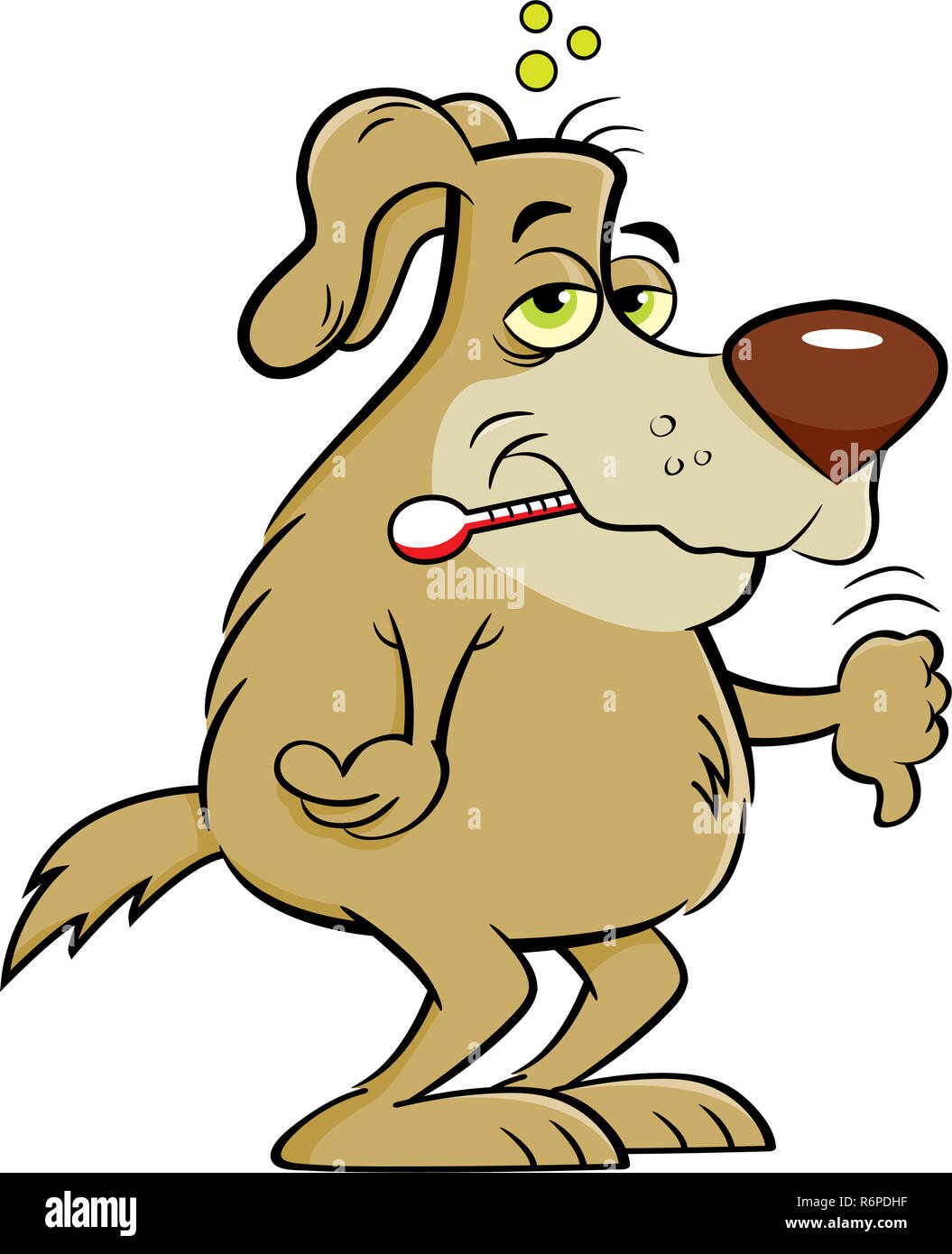 animal, canine, cartoon, clip art, depressed, dog, fitness, funny, health, humorous, mammal, medical, pet, sad, sick, thermometer, thumbs down, unhappy, unhealthy, Stock Photo