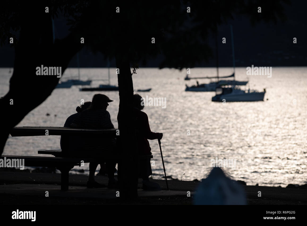 An elderly couple sitting by the seaside at Akaroa, South Island, New Zealand. Stock Photo