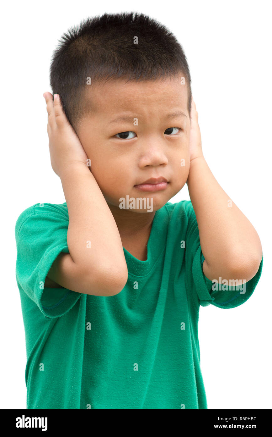 Asian child covered his ears Stock Photo Alamy