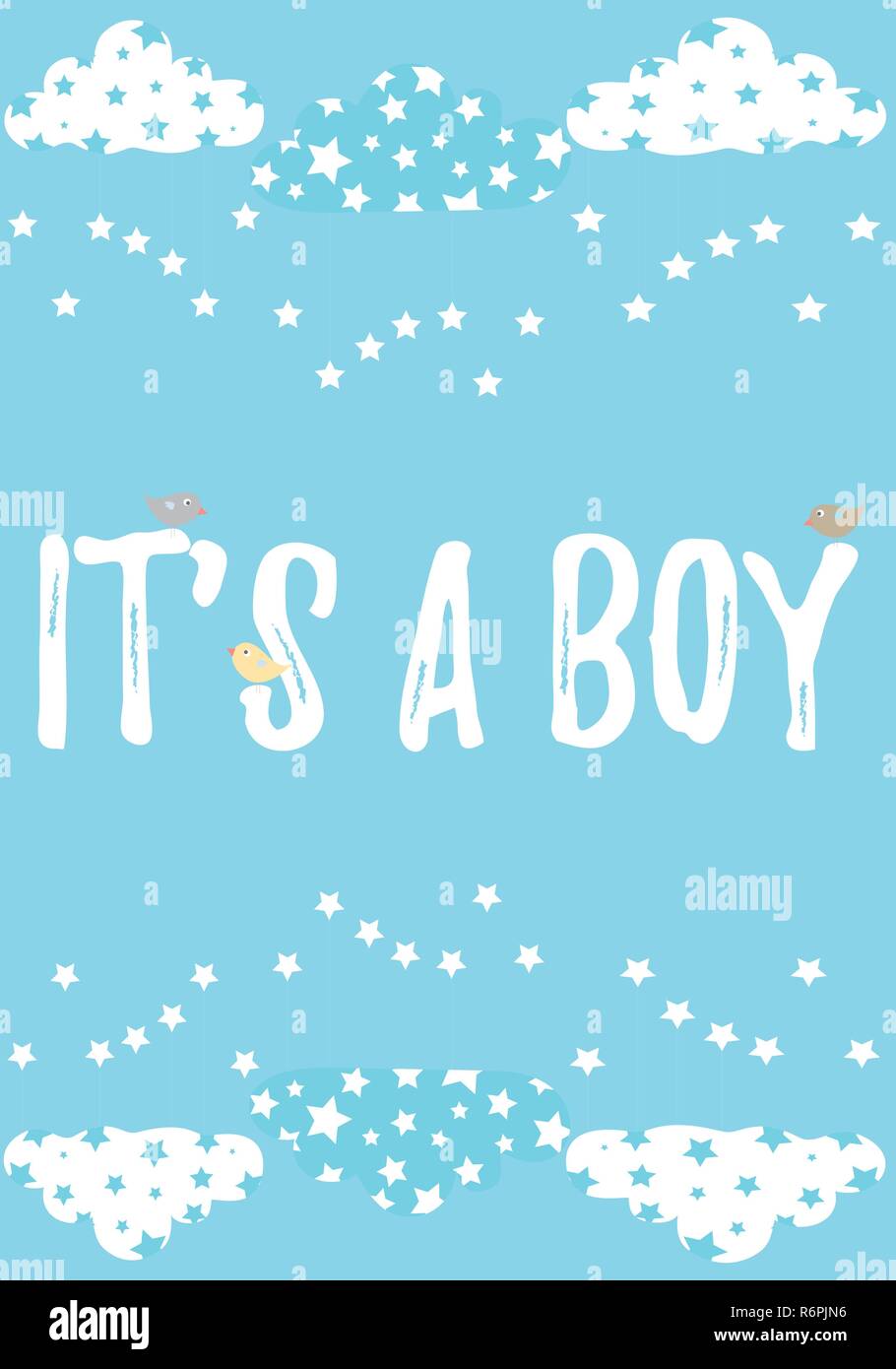 It's a boy card in pastel blue with little birds vector illustration template on background with clouds and stars Stock Vector