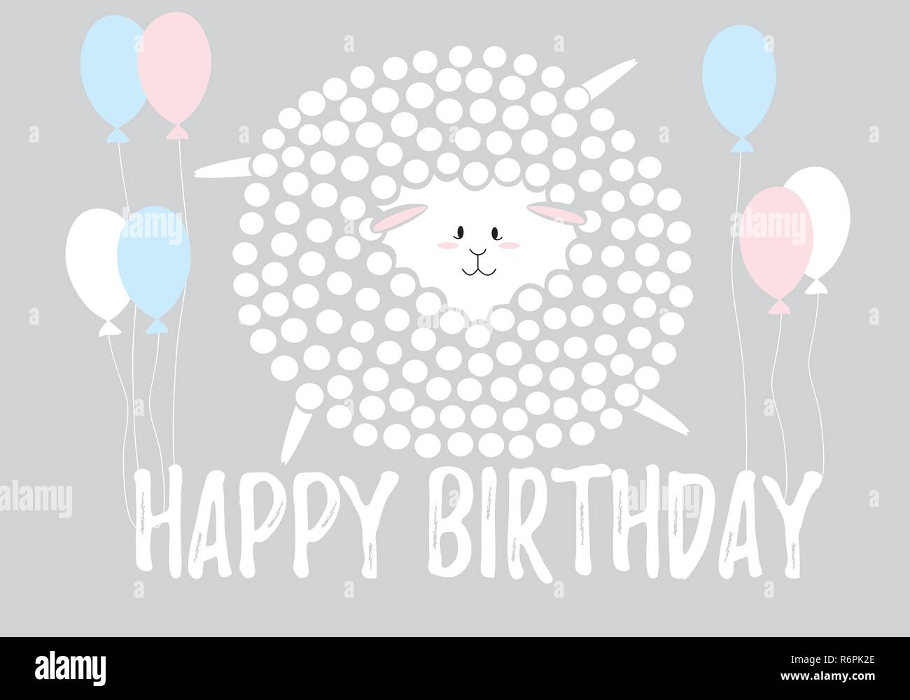Sheep in dots with the balloons, Happy Birthday card in white, pink, blue and black colors palette vector illustration card template Stock Vector