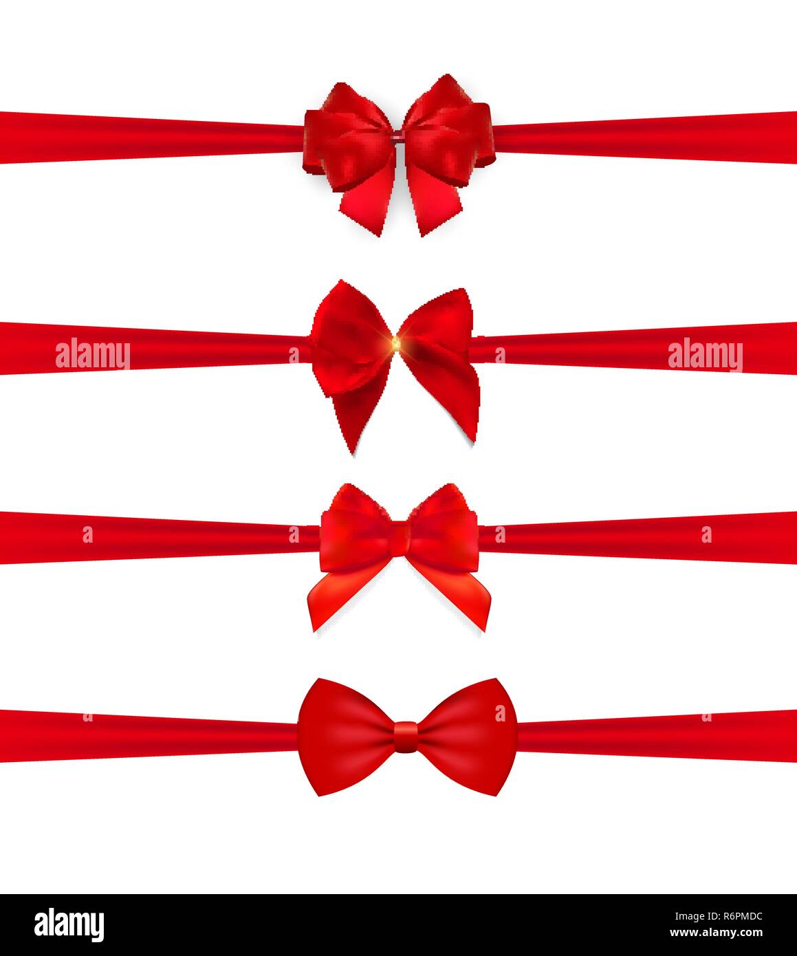 Collection Set of red bows with horizontal ribbon isolated on white ...