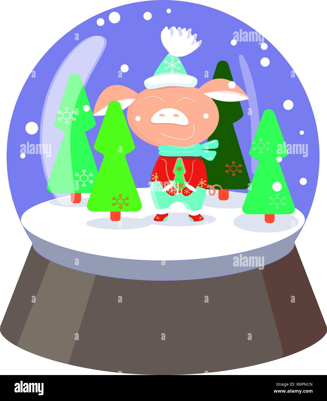 cute pig in snowball with falling snowflakes and on white background. Stock Vector