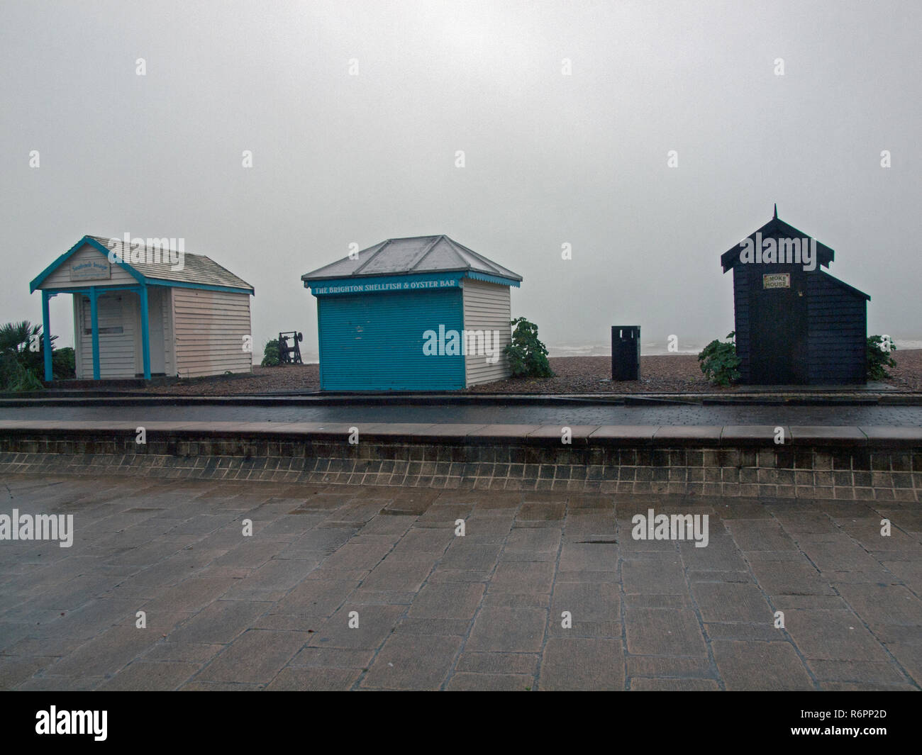Kiosks closed for winter on the beach at Brighton Stock Photo