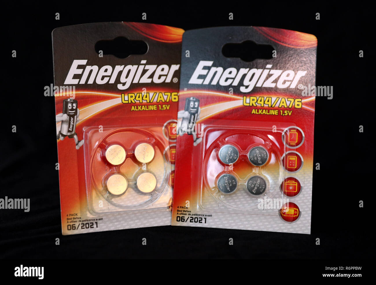 General view of some Energizer LR44/A76 Alkaline 1.5v batteries Stock