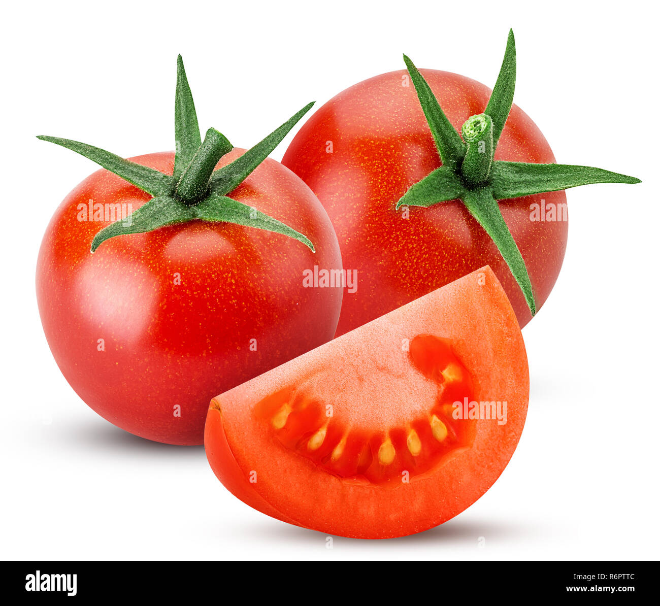 Two fresh red tomato with green leaves and slice isolated on white background Clipping Path. Full depth of field. Stock Photo
