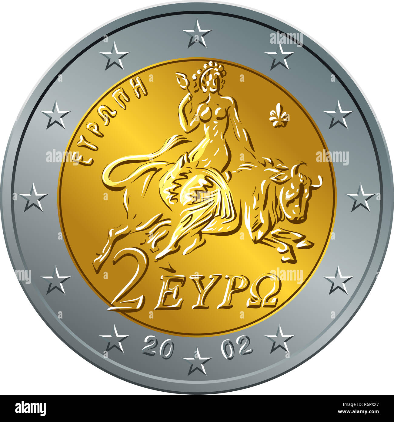 Greek money gold coin two euro featuring Europa Stock Photo
