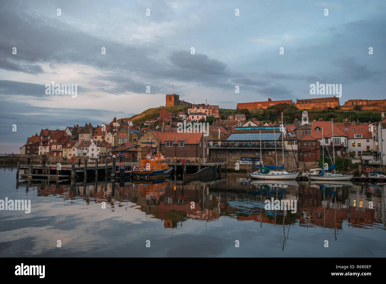 Whitby Harbour. Whitby is a seaside town, port and civil parish in the Borough of Scarborough and English county of North Yorkshire, August 2017 Stock Photo