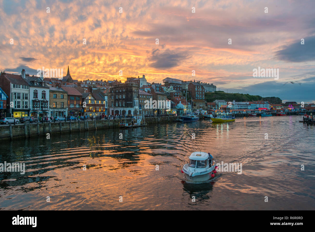 Whitby Harbour. Whitby is a seaside town, port and civil parish in the Borough of Scarborough and English county of North Yorkshire, August 2017 Stock Photo