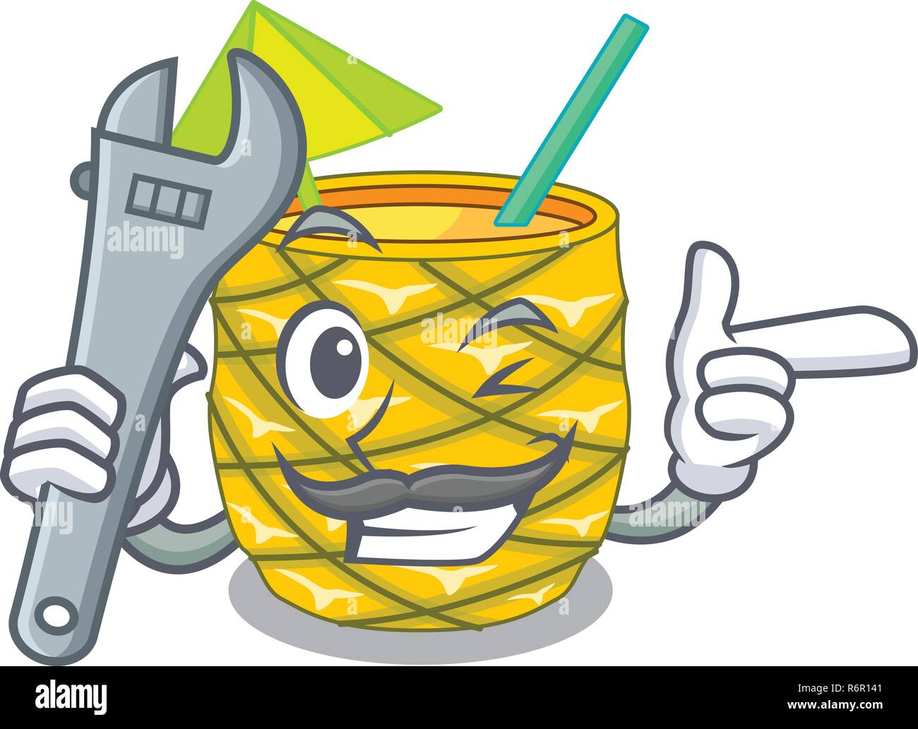 Mechanic bottles pineapple juice on cartoon table Stock Vector Image