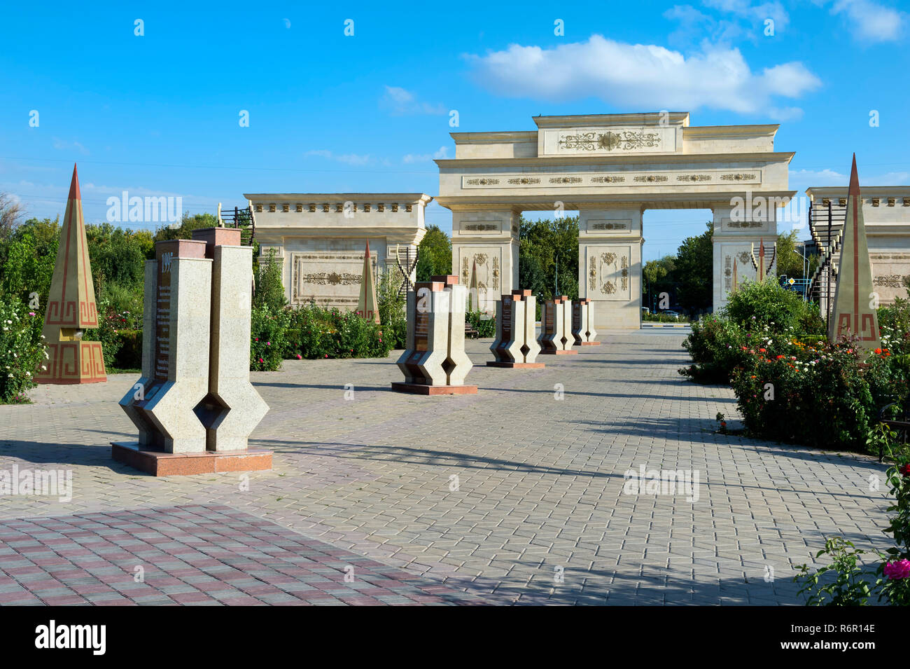 Independence Arch and stele alley, Independence Park, Shymkent, South Region, Kazakhstan, Central Asia Stock Photo
