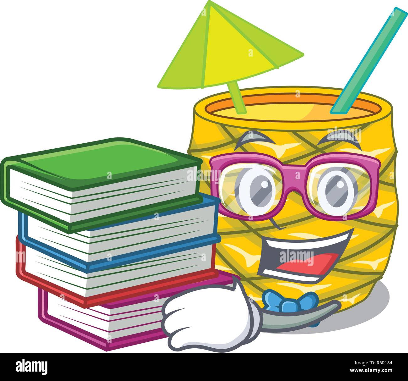 Student with book bottles pineapple juice on cartoon table Stock Vector