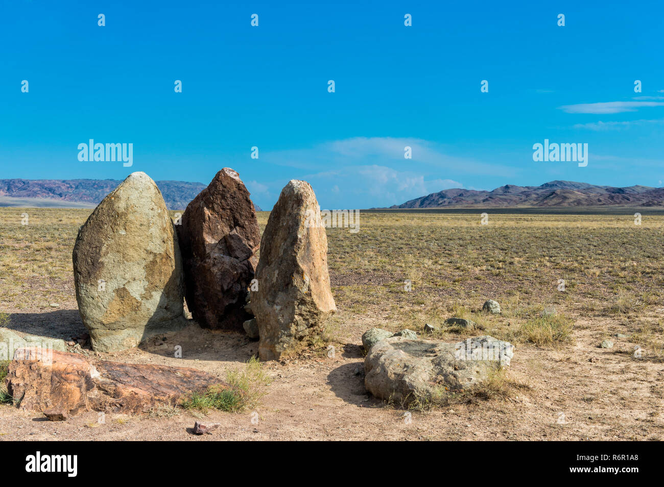 Ancient fireplace stones, Site of a 12th-century camp of Ghengis Khan and his troops, National Park Altyn-Emel, Almaty region, Kazakhstan, Central Asi Stock Photo