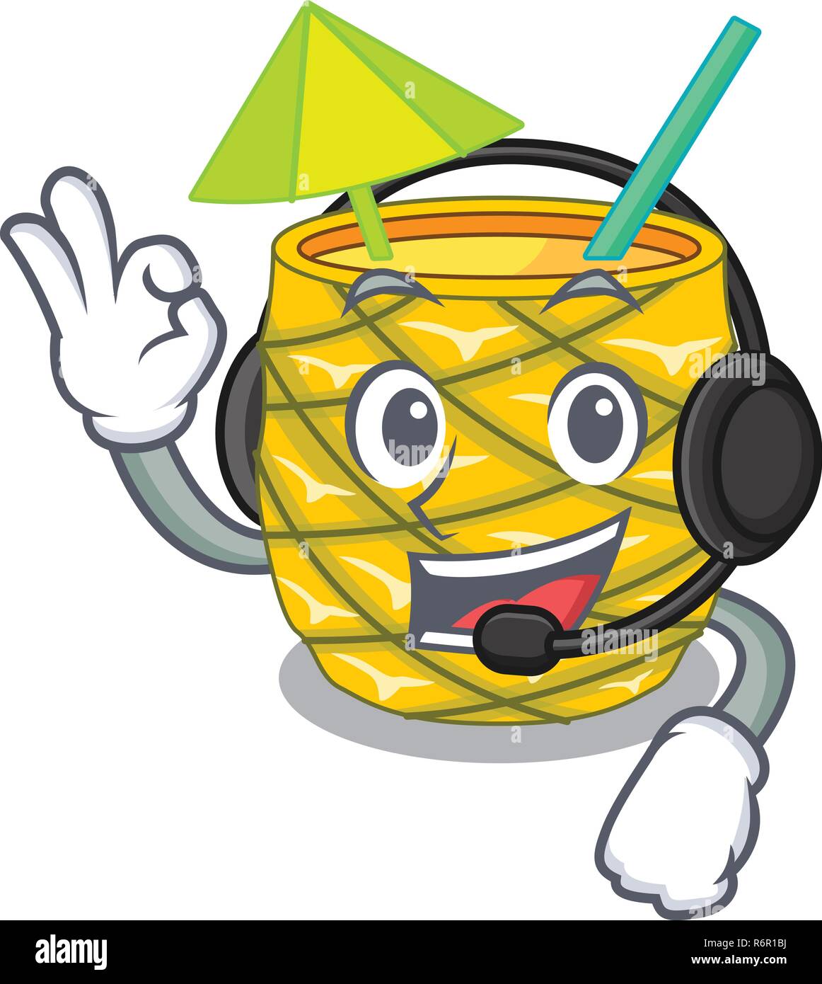 With headphone bottles pineapple juice on cartoon table Stock Vector