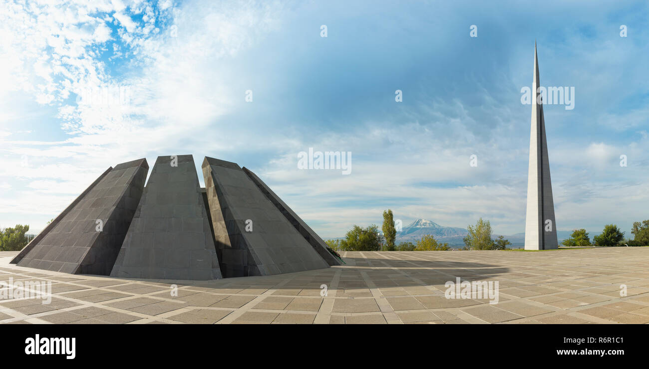 View over Yerevan and Mount Ararat from the Armenian genocide memorial Tsitsernakaberd, Yerevan, Armenia, Caucasus, Middle East, Asia Stock Photo