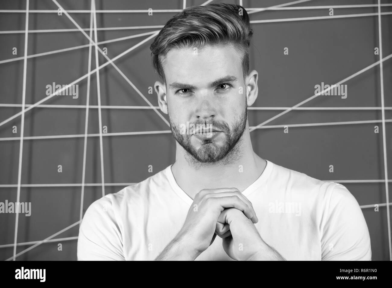 Man Bearded Concentrated Focused Glance Guy Unshaven Face And