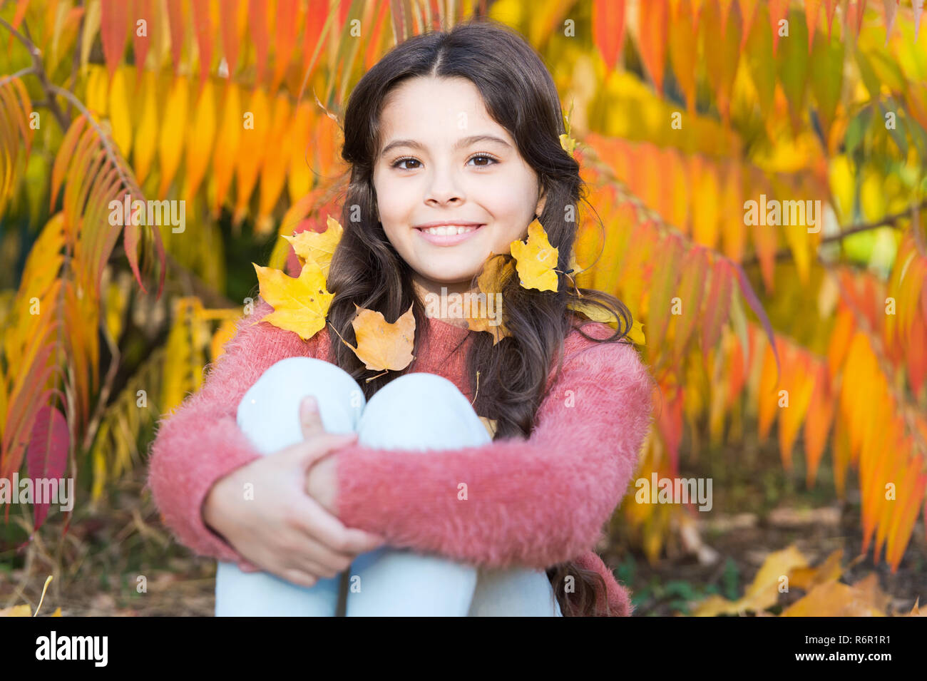 I Love Changing My Hair Small Girl With Autumn Leaves In Hair
