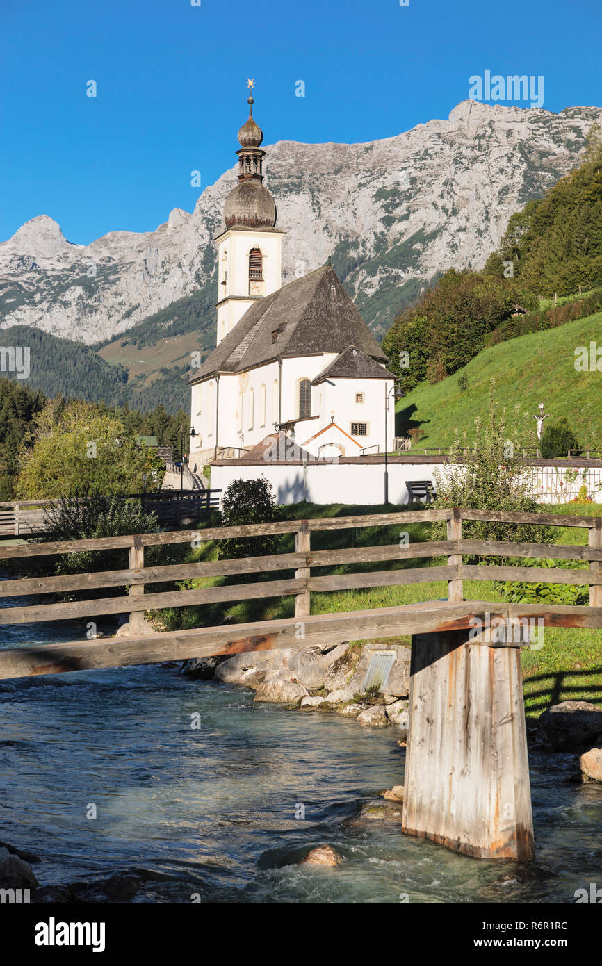 Pfarrkirche St.Sebastian, Reiteralpe, Ramsauer Ache,  Berchtesgadener Land, Oberbayern, Deutschland Stock Photo