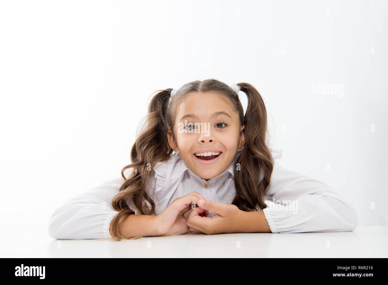 Excellent Pupil Lean On Desk Isolated White Perfect Schoolgirl