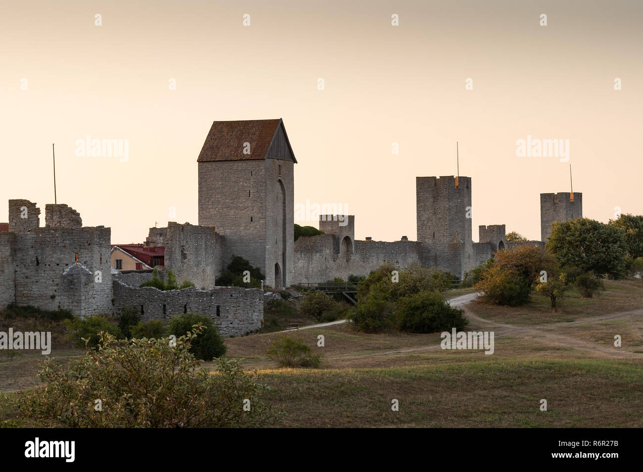 Medieval city wall with defensive towers, Unesco World Heritage Site, Visby, Gotland Island, Sweden Stock Photo