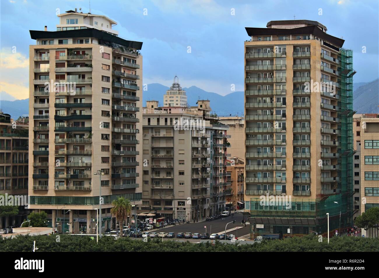 Palermo, Sicily, Italy - October 22nd 2018: A close up of the two high-rise tower blocks that dominate the view of the Palermo cityscape from the port Stock Photo