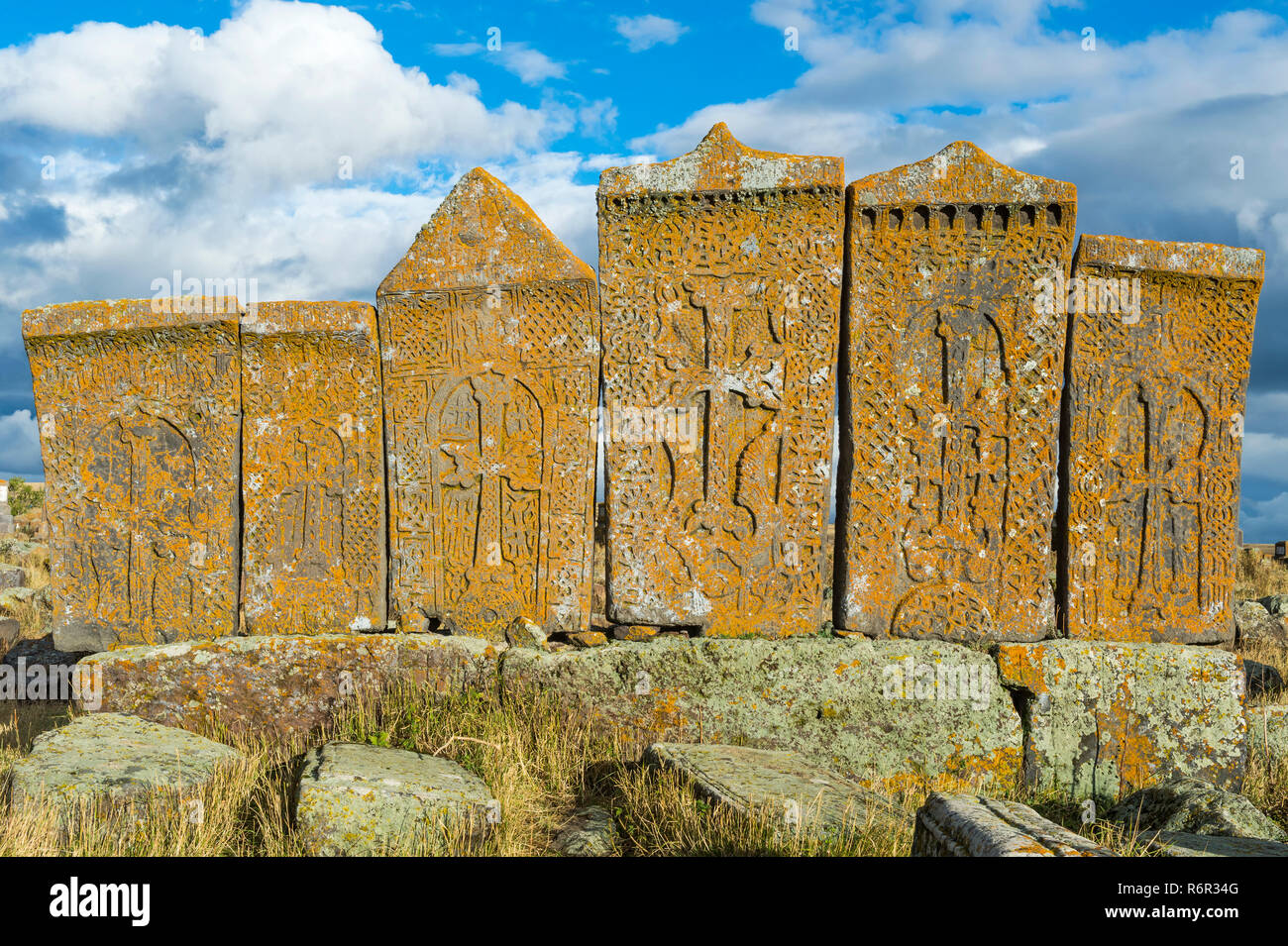 Medieval Khachkars carved memorial stele, Noratus cemetery, Sevan Lake, Gegharkunik province, Armenia, Caucasus, Middle East, Asia Stock Photo