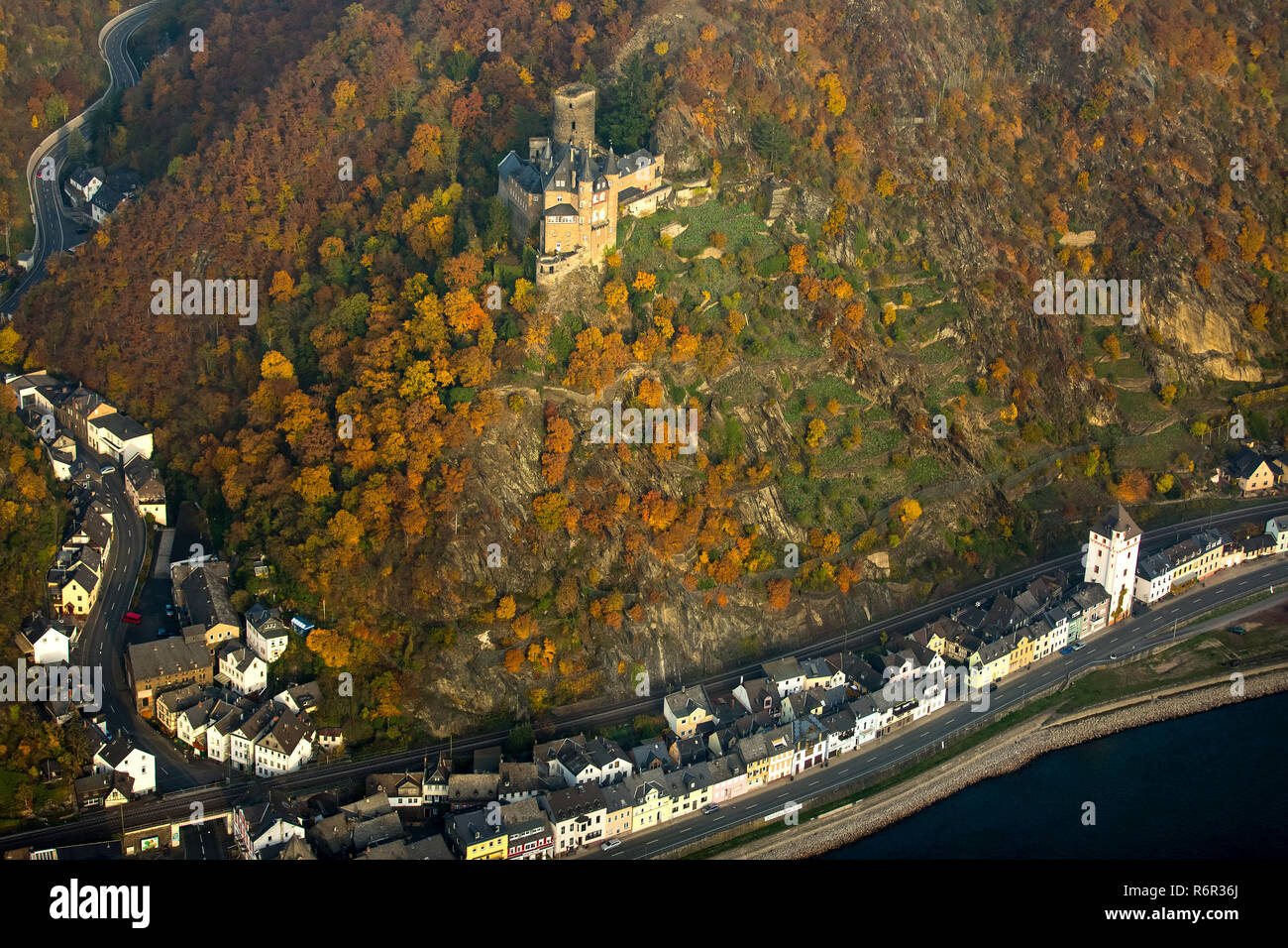 Burg Katz im Rheintal, Rhein bei St.Goarshausen,  Sankt Goar, Rheintal, Rheinland-Pfalz, Deutschland Stock Photo