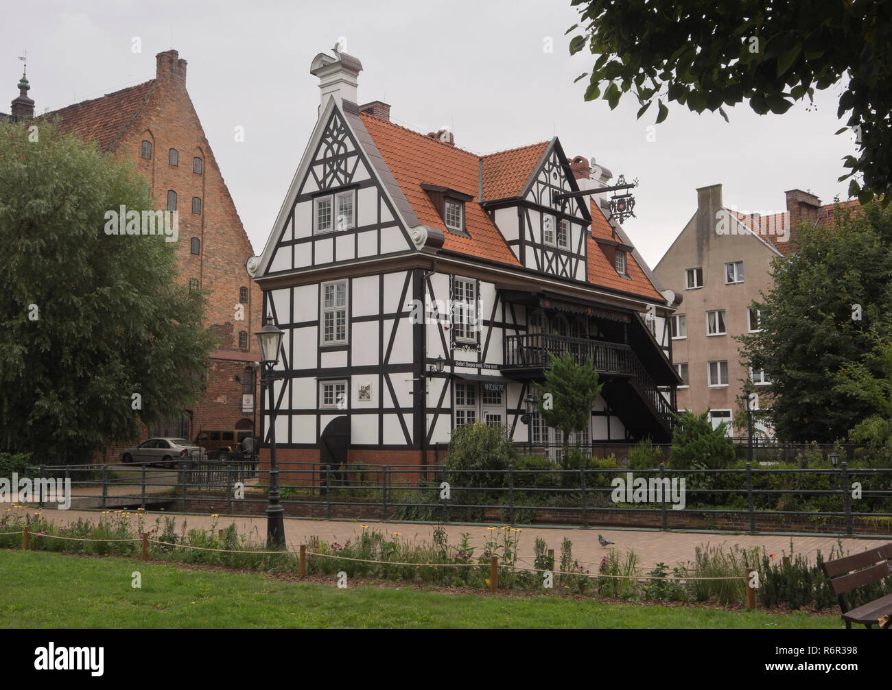Half-timbered house in the old town of Gdansk Poland by the Raduni canal Stock Photo