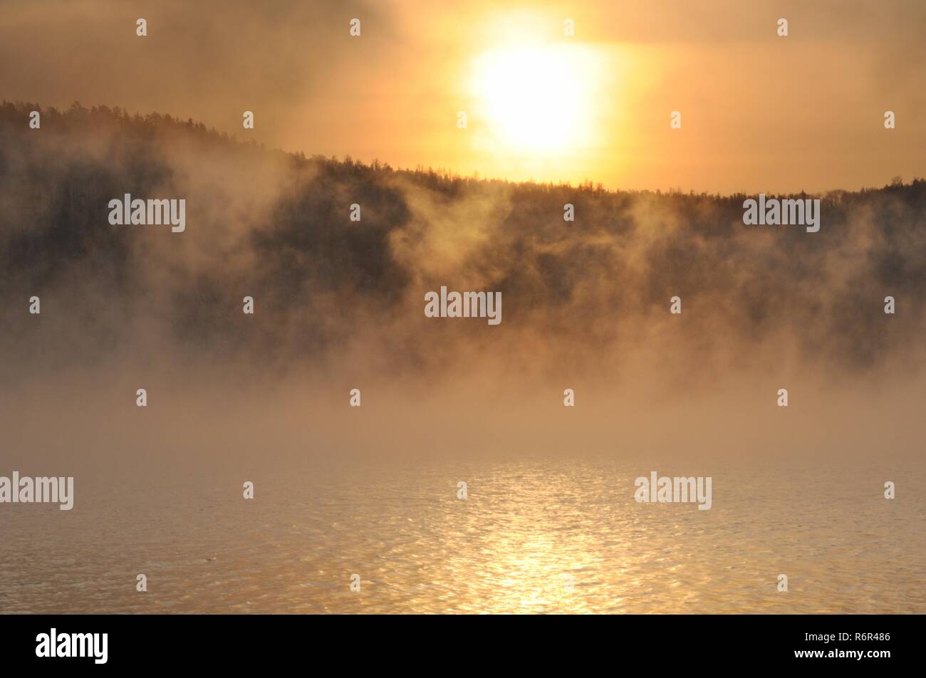 Winter cold foggy dawn on the Yenisei river near Krasnoyarsk in Siberia, Russia Stock Photo