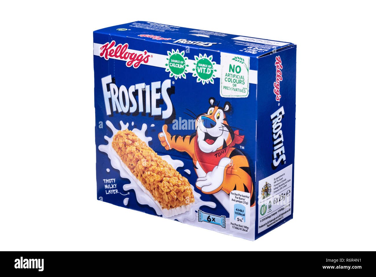 Kelloggs frosties cereal bars box, six breakfast cereal bars. Isolated