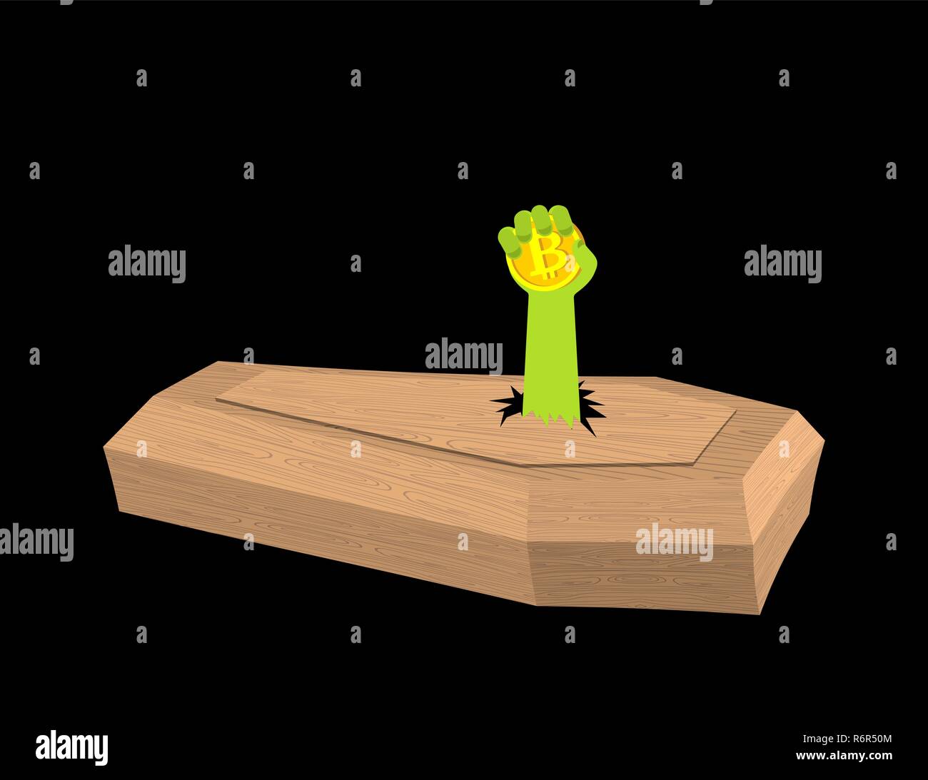 Bitcoin Rise of Dead. Bit coin in hand of zombie in coffin. Resurrected  cryptocurrency. Recovery electronic cash. Ascent Stock Vector Image & Art -  Alamy