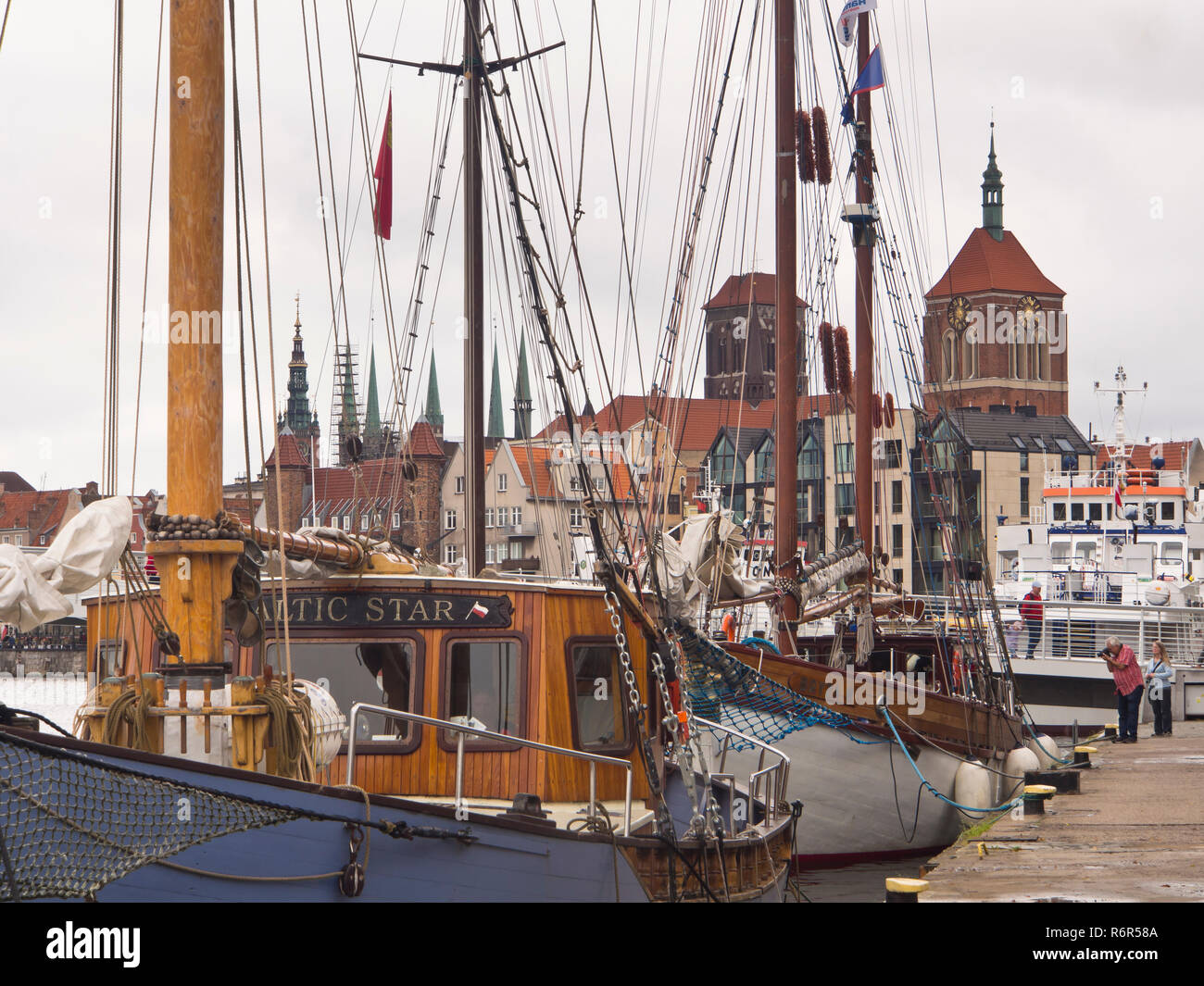 Tourist charter boats along the harbor in the inner city of GdanskPoland Stock Photo