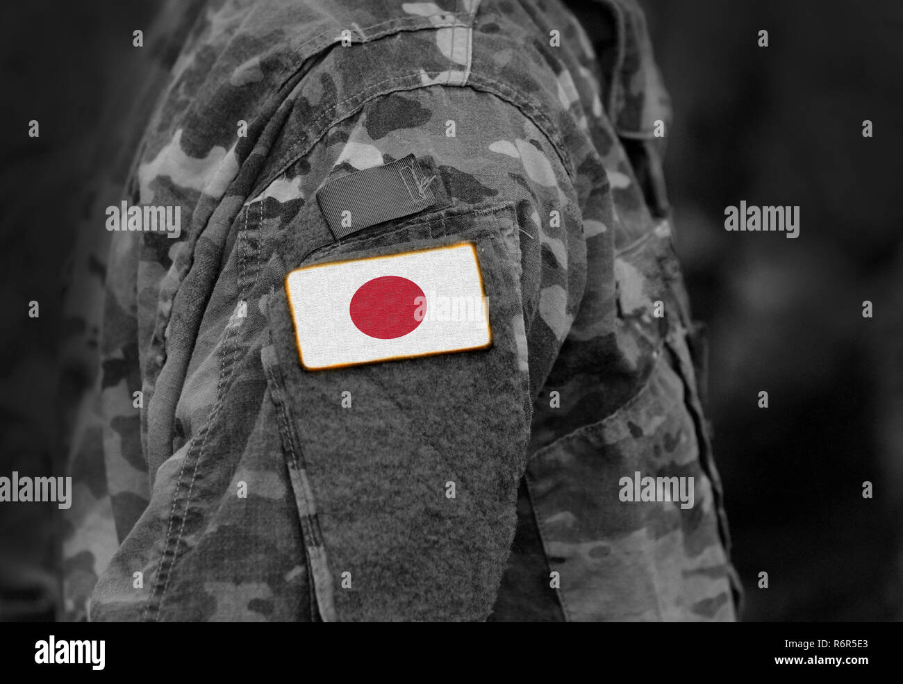 Flag of Japan on soldiers arm. Flag of Japan on military uniforms (collage). Stock Photo