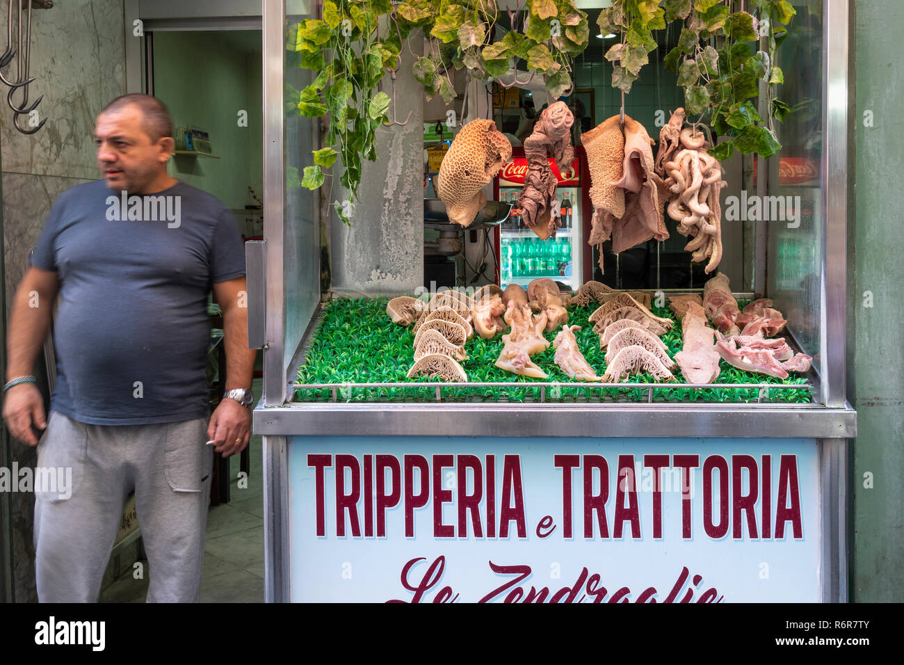 A window display at a Tripperia and Tratoria, Tripe shop and restaurant,  specialising in all kinds of tripe and offal, in the Via Pignasecca on the n Stock Photo