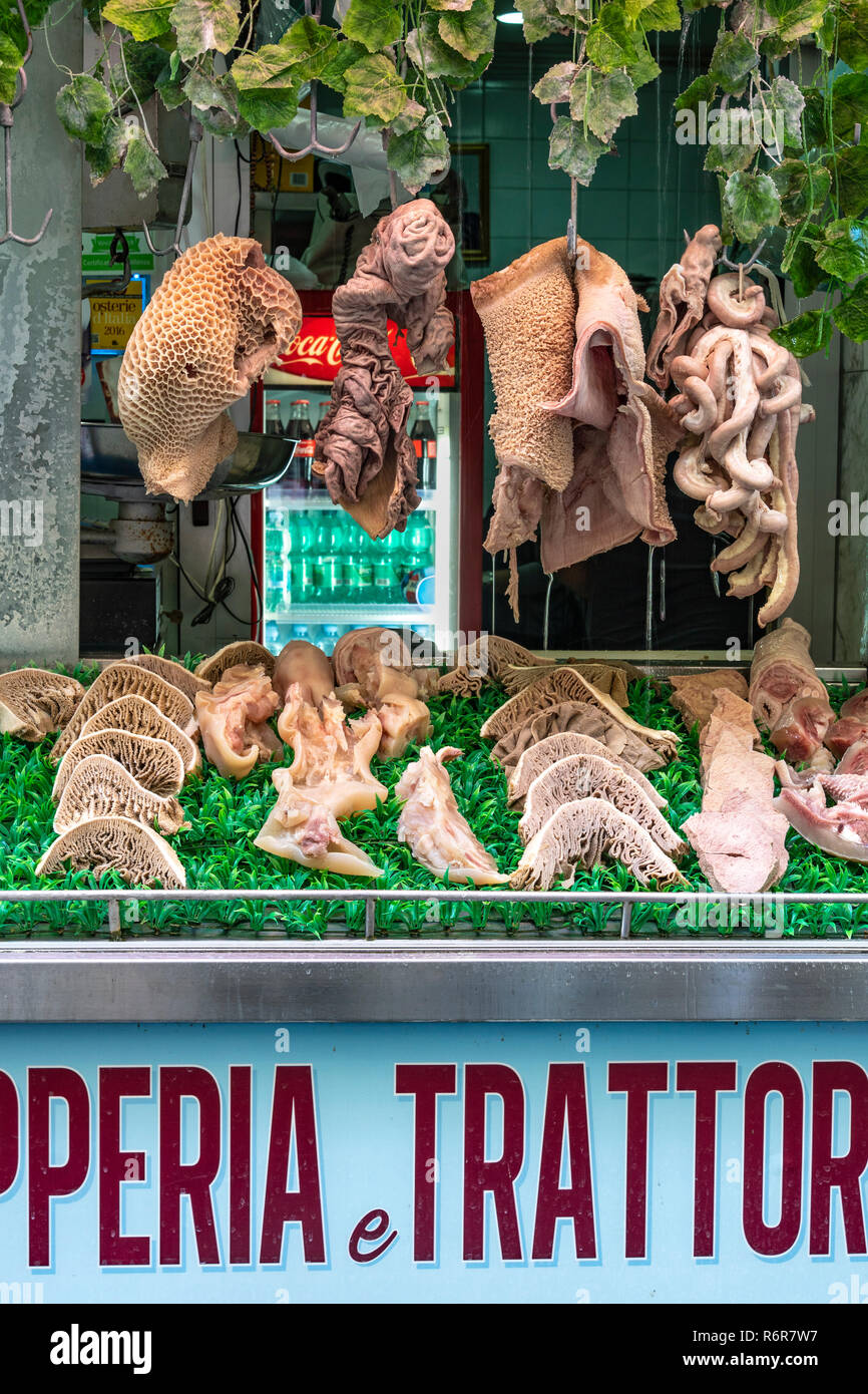 A window display at a Tripperia and Tratoria, Tripe shop and restaurant,  specialising in all kinds of tripe and offal, in the Via Pignasecca on the n Stock Photo