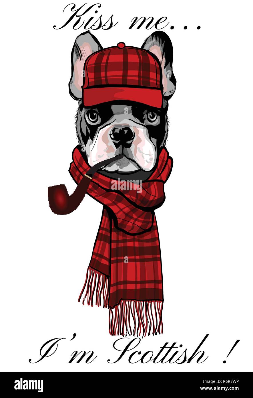 French buldog with a scottish cap and a pipe - vector illustration Stock Vector