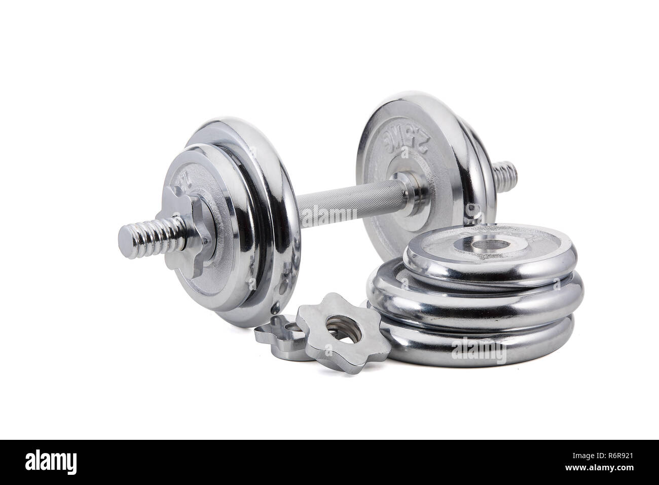 Steel dumbbell and weights Stock Photo Alamy