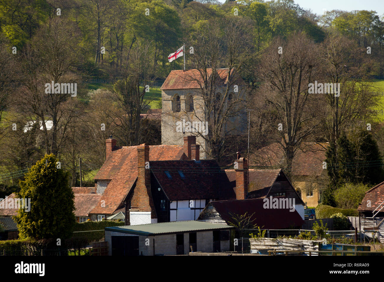 An Autumn view over the Chiltern village of Fingest and the Church of St. Batholomew, Buckinghamshire Stock Photo