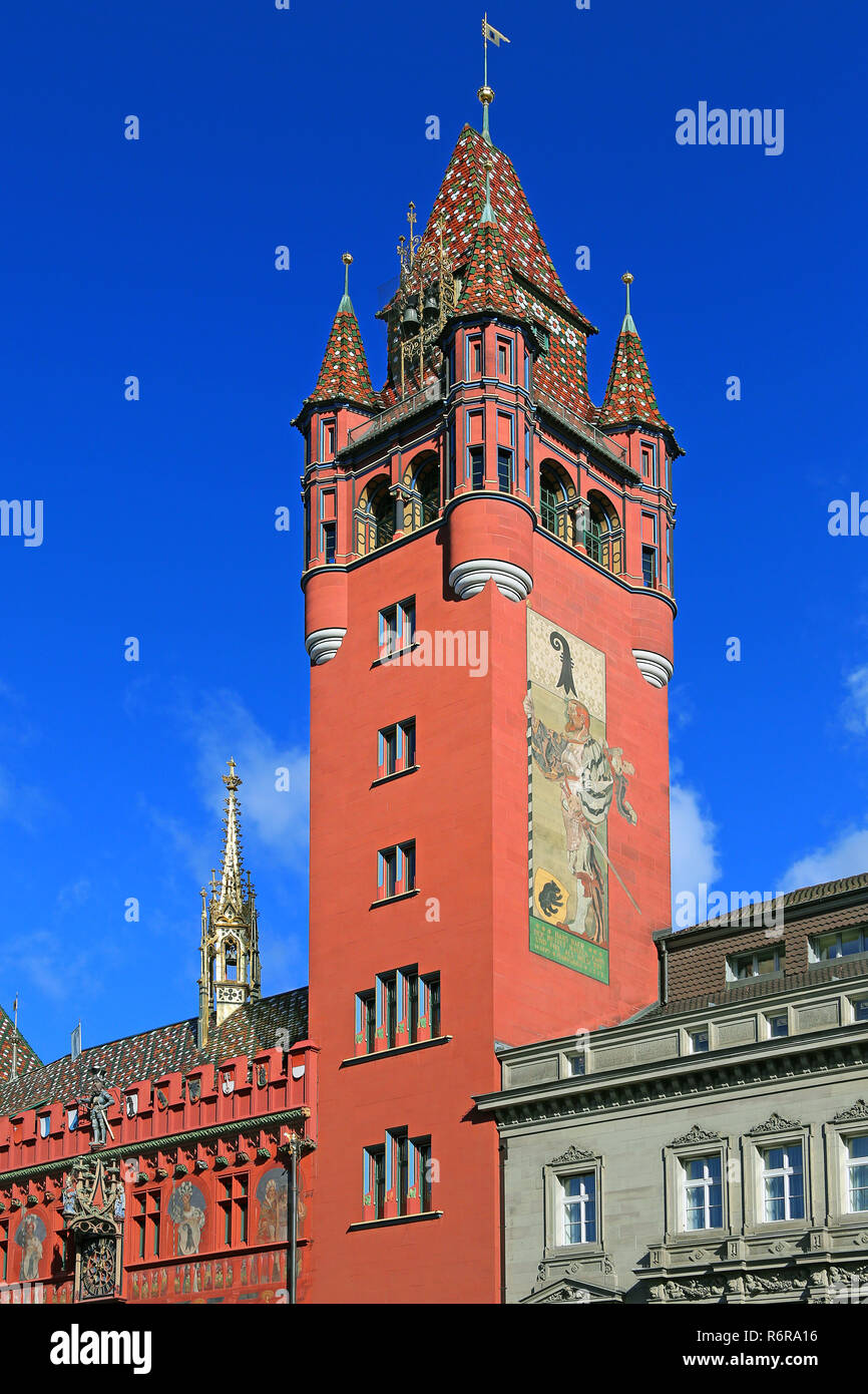tower of the town hall at the market square in basel Stock Photo