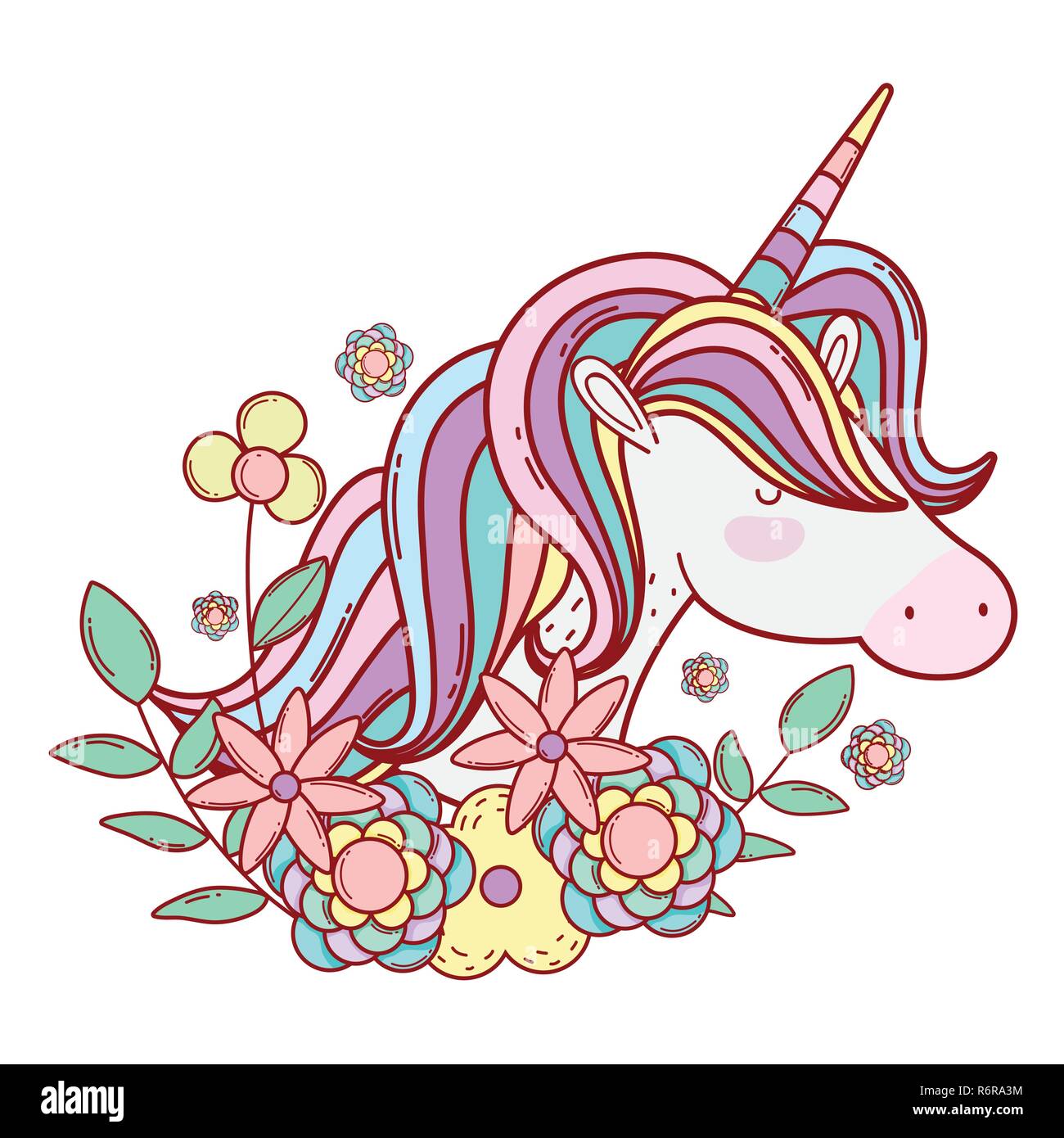 cute unicorn with horn and hairstyle with flowers Stock Vector Image ...