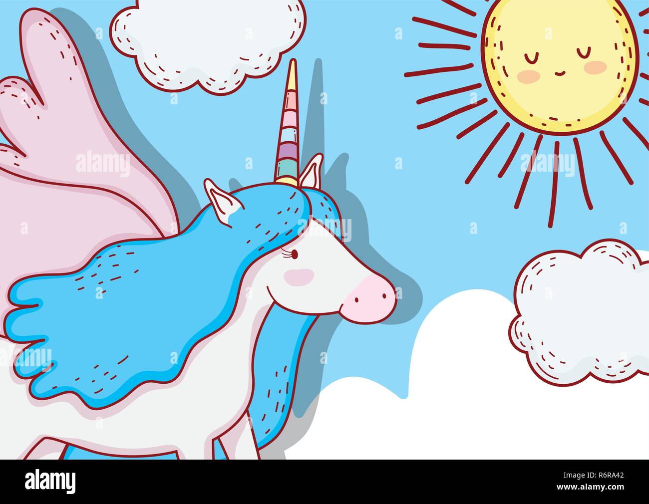 cute unicorn with horn and wings in the clouds Stock Vector Image & Art ...