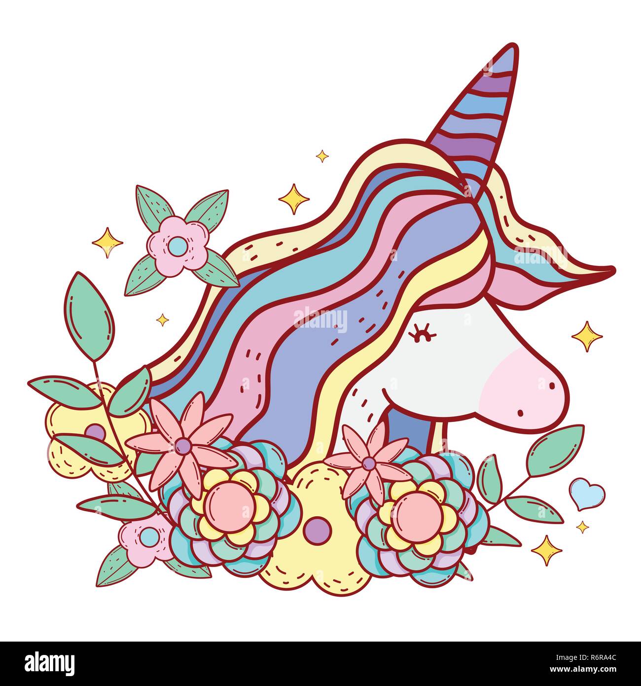 cute unicorn with horn and hairstyle with flowers and leaves Stock Vector Image & Art Alamy