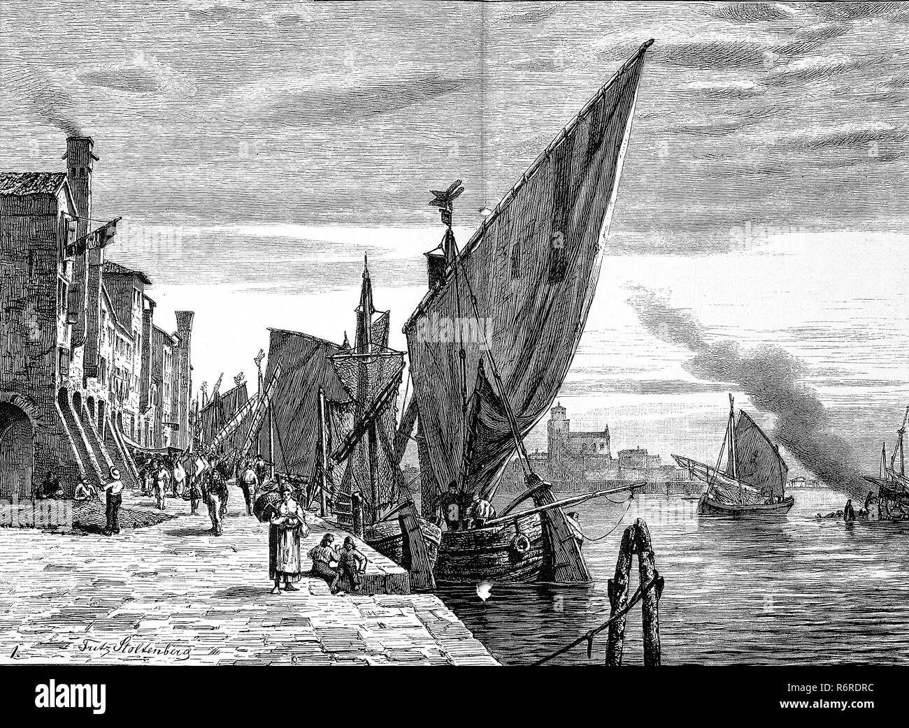 Digital improved reproduction, Canal scene in late 19th Century in the city of Chioggia, Veneto, Italy, Stadt Chioggia, Venetien, Italien, original print from the 19th century Stock Photo