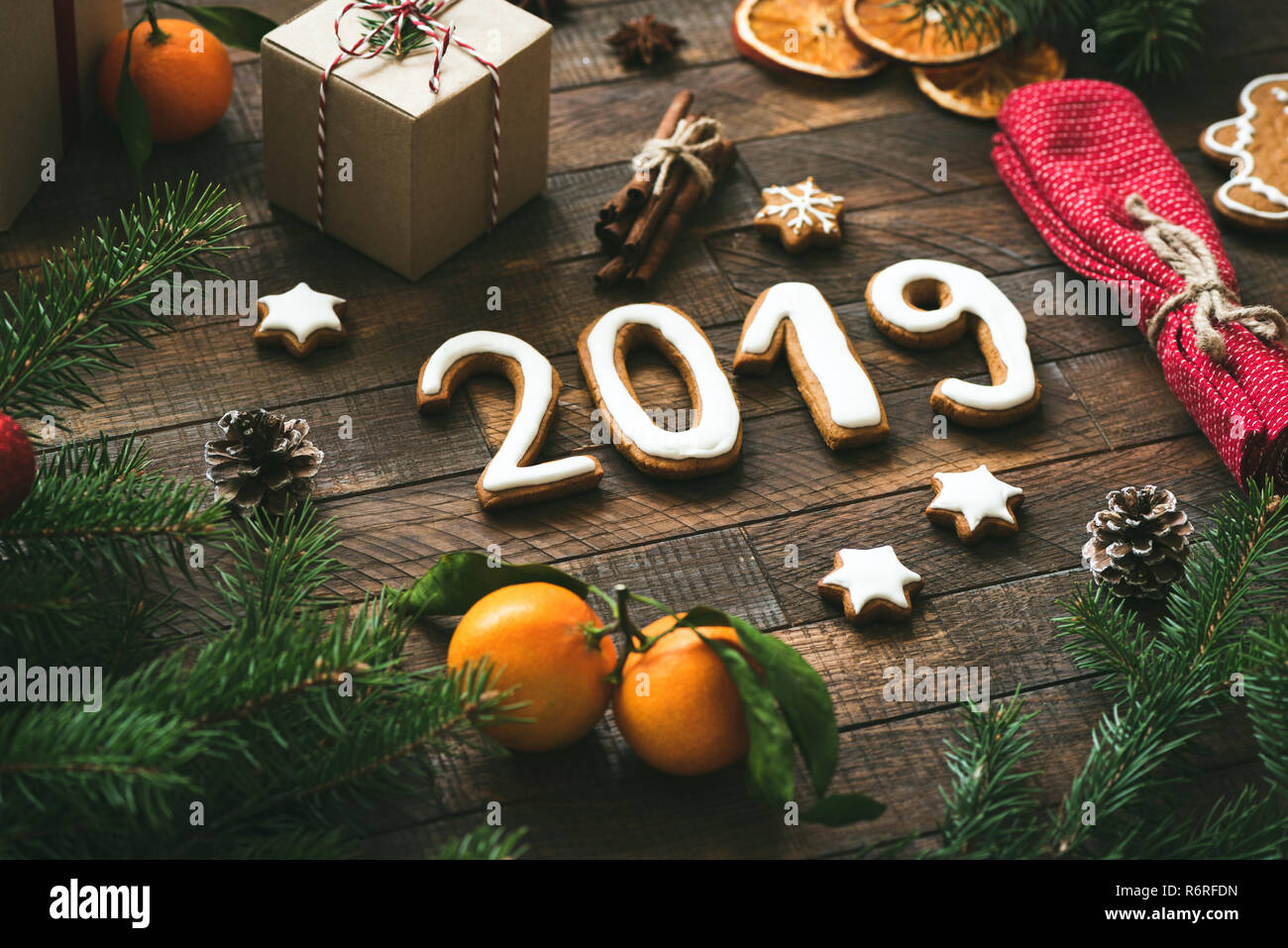 Christmas or New Year 2019 greeting card. Rustic Authentic Winter still life Stock Photo