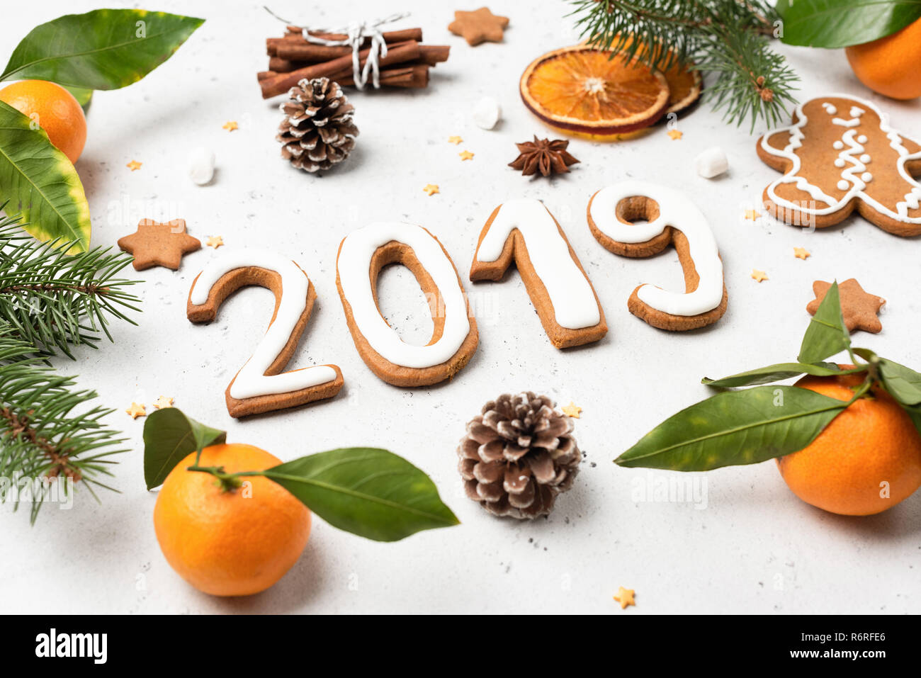 Christmas New Year 2019 flat lay composition on bright grey concrete background Stock Photo