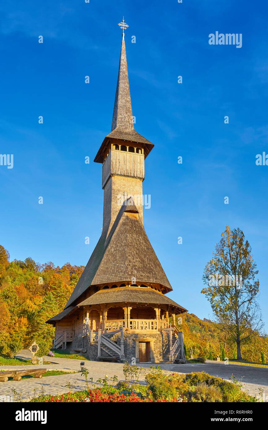 Wooden church, Barsana Monastery complex, Maramures, Romania, UNESCO Stock Photo