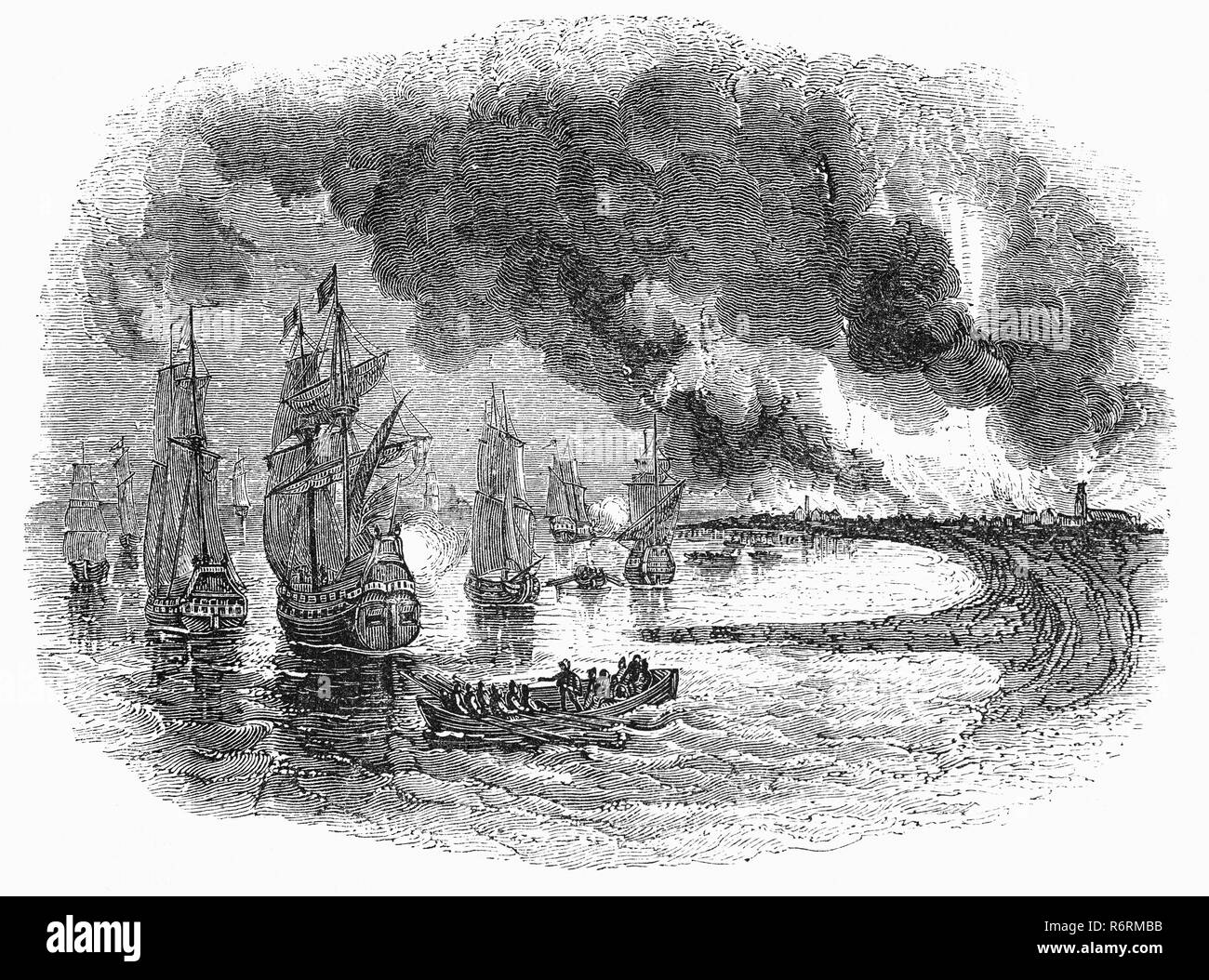 The Raid on the Medway, during the Second Anglo-Dutch War in June 1667, was a successful attack conducted by the Dutch navy on English battleships  when most were virtually unmanned and unarmed, laid up in the fleet anchorages off Chatham Dockyard and Gillingham in the county of Kent.  The Dutch captured the town of Sheerness, then sailed into the River Medway to Chatham and Gillingham, where they engaged fortifications with cannon fire, burned or captured three capital ships and ten more ships of the line, and captured and towed away the flagship of the English fleet, HMS Royal Charles. Stock Photo