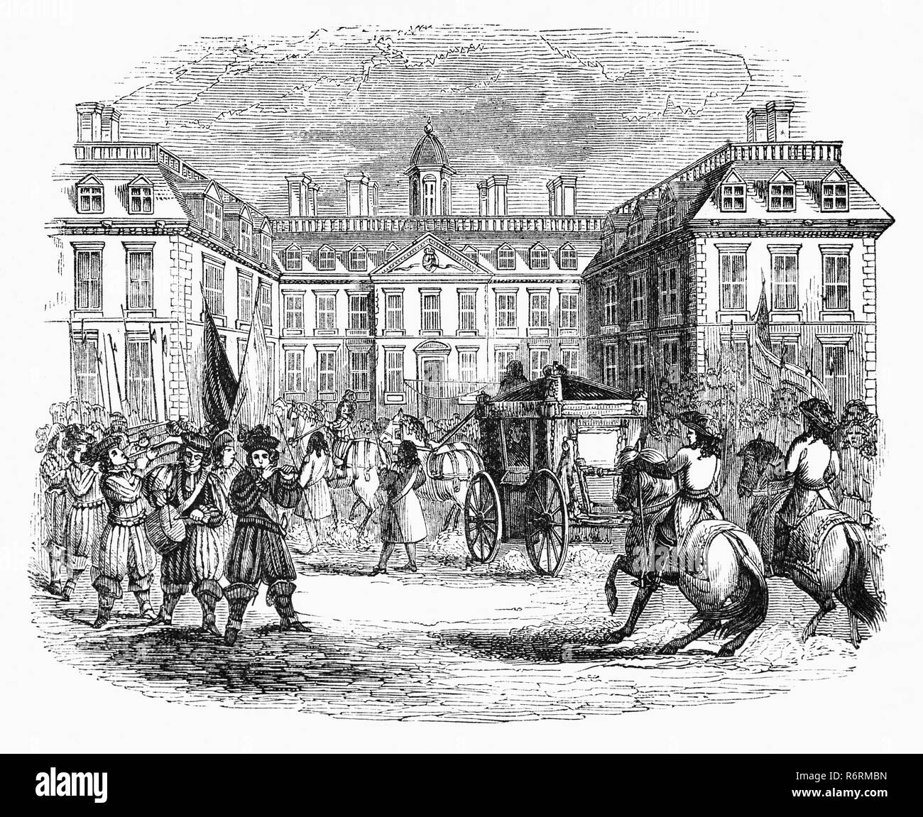 The arrival of King Charles II to Clarendon House, a town mansion standing in Piccadilly in London, England, from the 1660s to the 1680s. It was built for the powerful politician Edward Hyde, 1st Earl of Clarendon after the restoration of the English monarchy in 1660. In 1667,  Clarendon fell from favour after the charge that he has appropriated stone intended for repairs to St. Paul's Cathedral after the Great Fire to build his house. The King later abandoned his former favourite, who fled to France. Stock Photo