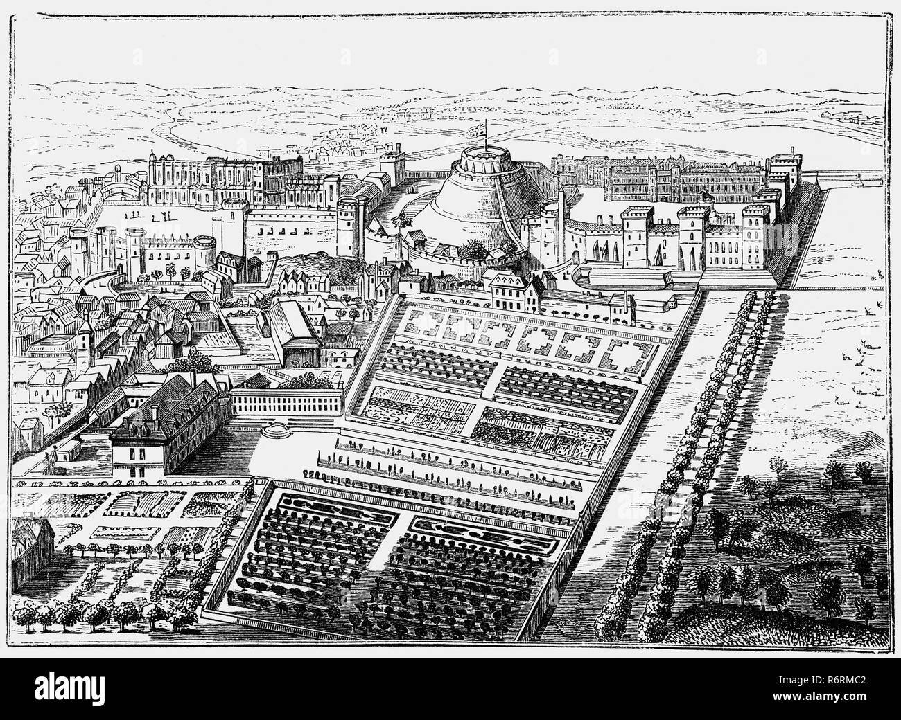 An 18th Century aerial plan of Windsor Palace, Berkshire, England  following the Restoration of the monarchy in 1660 when King Charles II created 'the most extravagantly Baroque interiors ever executed in England'. Later in the 18th Century, Queen Anne attempted to address the lack of a formal garden by instructing Henry Wise to begin work on the Maestricht Garden beneath the North Terrace, which was never completed. Stock Photo